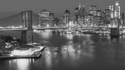 view of the lower Manhattan and Brooklyn Bridge black and white, New York City