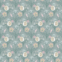 Pink grey blooming mediterranean flower bouquet autumn floral seamless vector pattern for fabric, wallpaper, scrapbooking, projects.