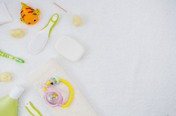 Flat lay bath accessories for baby