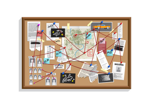 Detective Board with pins and evidence, crime investigation