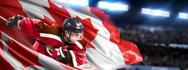 Canada Hockey Player in action around national flags