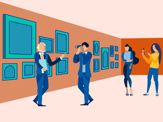 Picture gallery, exhibition. Visit the art museum. In minimalist style. Flat isometric raster