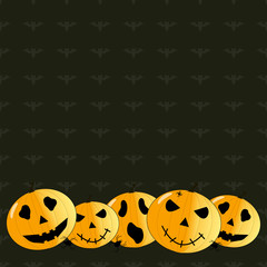 Halloween pumpkins with face on green background with bats.
