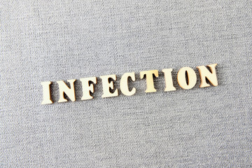 Word infection on the table of wooden letters of the English alphabet with reflection. Designer concept to describe the problem, the danger of mass infection in the world.