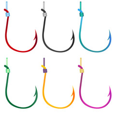 Set of multicolored fishing hooks on a fishing line