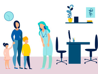 Mother took the children to the reception to the pediatrician. Theme of medicine and health. In minimalist style. Cartoon flat raster