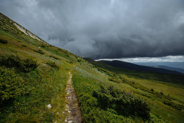 rainy clouds over the panorama of summer mountains