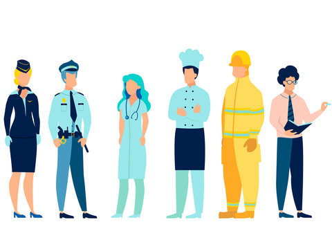 People of different professions. Doctor, fireman, teacher, stewardess, cook and policeman in uniform. In minimalist style. Cartoon flat raster