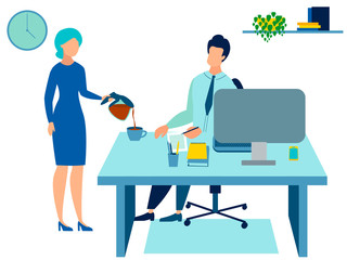Secretary pours coffee to the boss. In minimalist style Cartoon flat raster