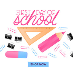 Realistic cartoon illustration with eraser, clips, ruler and pink colour pencil. School supplies vector design. Quote First day of school