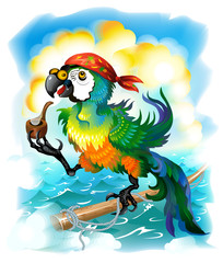 Fototapeta premium Green parrot macaw in a red bandana on background of ocean smokes a pipe. A sea pirate. Vector illustration.