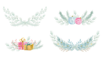 Watercolor winter floral fir wreath. Merry Christmas and Happy New Year holiday decoration card design. Hand painted tree branches composition.