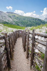 Restored trench of the first world war in the dolomite mountains, Italy