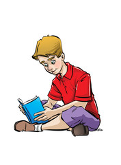 boy reading book isolated on white background