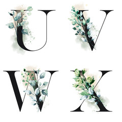 Floral alphabet, letters U, V, W, X with watercolor flowers and leaves. Monogram initials perfectly for wedding invitation, greeting card, logo and other design. Holiday design hand painting. 