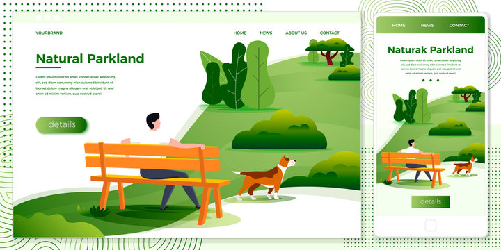 Vector cross platform illustration set - man on bench with dog in park, trees on background. Banner, site, poster template with place for your text.