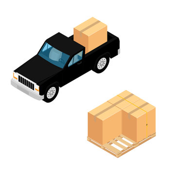 Black Pickup Truck Deliver Cardboard Boxes Isolated On White Background Isometric View