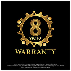 Eight years warranty golden label on black background - Vector
