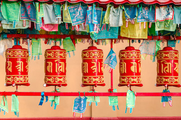 Buddhist prayer wheels in Buddhist Temple Datsan Gunzechoyney