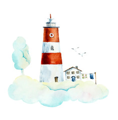 Red beacon on the cloud. Watercolor hand drawn illustrations