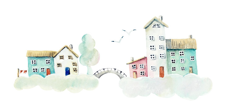 Cloudy village. Watercolor hand drawn illustrations