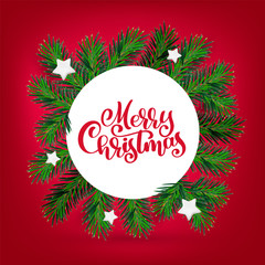 Vector new year and Christmas wreath with calligraphy Merry Christmas text. Traditional winter evergreen green branches and white stars, isolated on red background. For greeting card. Happy xmas