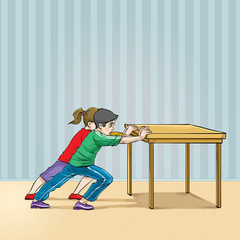 girl and boy pushing the table