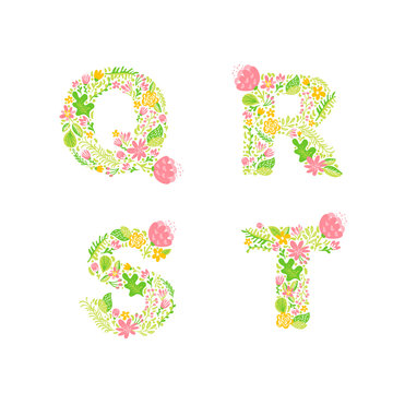 Vector Hand Drawn floral uppercase letter monograms or logo. Uppercase Letters Q, R, S, T with Flowers and Branches Blossom. Floral Design
