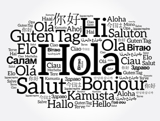 Hola (Hello Greeting in Spanish) word cloud in different languages of the world
