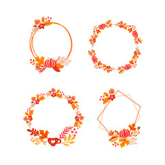 Bundle of vector frame autumn bouquet wreath with place for text. Orange leaves, berries and pumpkin isolated. Perfect for seasonal holidays, Thanksgiving Day