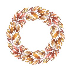 Floral composition. Wreath with golden leaves and branches