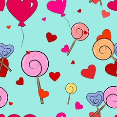 Lollipops, balloons and hearts Seamless Pattern. Love background. Vector illustration.