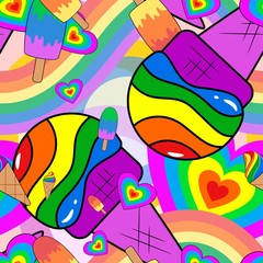 Rainbow colored ice cream and hearts Seamless Pattern. LGBT concept. Vector illustration.