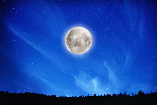 Big full moon on night sky with stars and forest on background