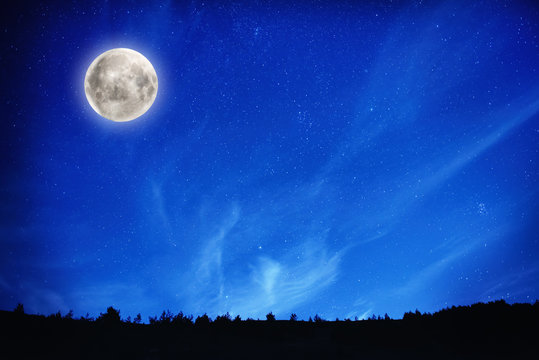 Big full moon on night sky with stars and forest on background