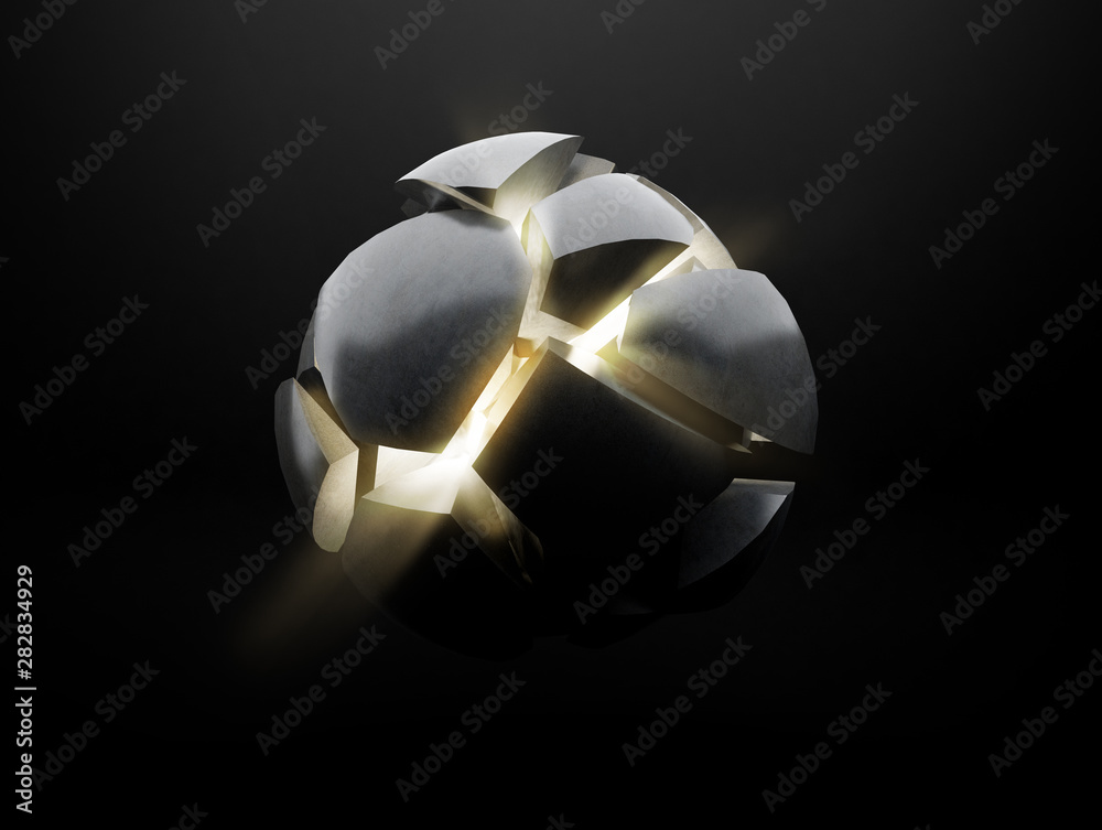 Aufkleber Mock up of exploding sphere on black background,Broken ball with light from the inside. 3D rendering.