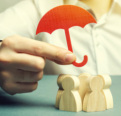 Boss defending his team with a gesture of protection. Life insurance. Customer care, care for...