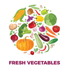 Round banner with vegetables on white background. Bright vector illustration in cartoon flat style. Cooking card poster with food. Template for magazine, poster, card, menu, web, banner.