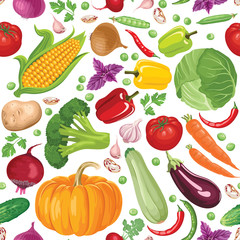 Seamless pattern with different vegetables on a white background. Bright food vector illustration in flat cartoon style.