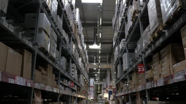 Logistics Warehouse Shelving With Products, Boxes On Shelves