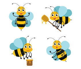 Vector illustration of cute cartoon bee character mascots set