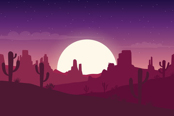 Desert landscape at night with cactus and hills silhouettes background - Vector illustration