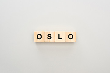 top view of wooden blocks with Oslo lettering on white background