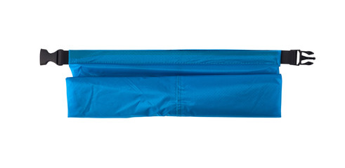 Top view of blue dry bag for outdoor activities and extreme sport isolated on white background