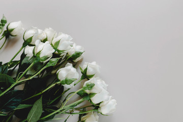 White roses background. Elegant flat lay with flowers