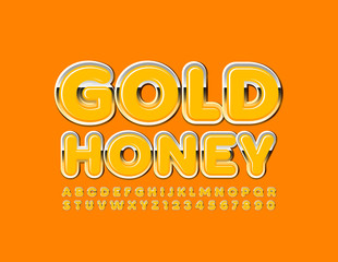 Vector chic emblem Gold Honey with Uppercase Font. Shiny orange ALphabet Letters and Numbers