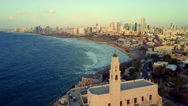 Aerial: Old and New City by Scenic Bay, Jaffa, Israel