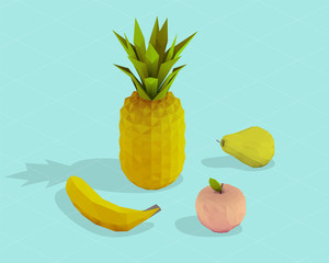 Isometric 3D Fruit. Set of Fruits on Blue Background. Low Poly Vector 3D Rendering