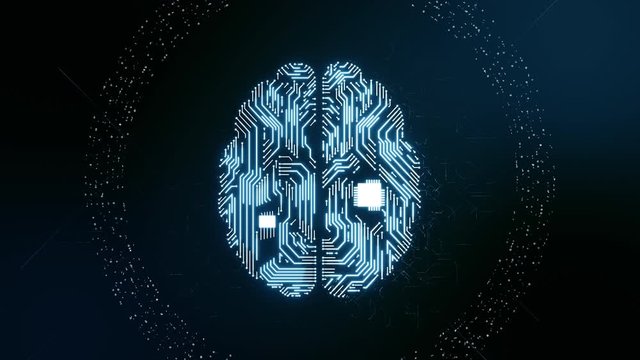 Artificial intelligence (AI) flat brain animation, modern computer technologies concepts. Future data mining, deep learning, big data. Brain processing information with printed circuit board design.