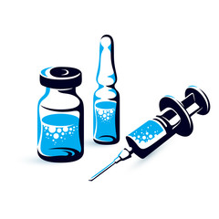 Vector graphic illustration of vial, ampoule with medicine and medical syringe for injections. Scheduled vaccination theme.
